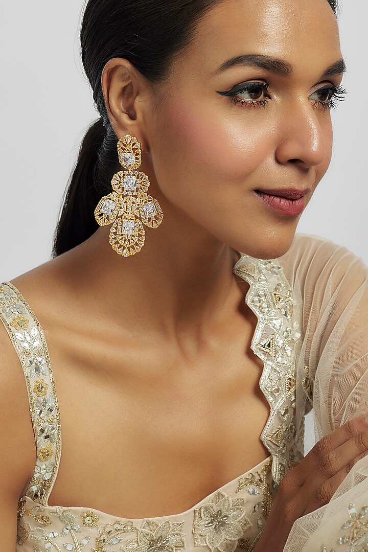 Gold Finish Zircon Dangler Earrings by Moh-Maya by Disha Khatri at Pernia's Pop Up Shop